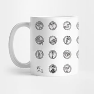 Greek Myth Comix - The Olympian Gods sacred symbols BW Mug